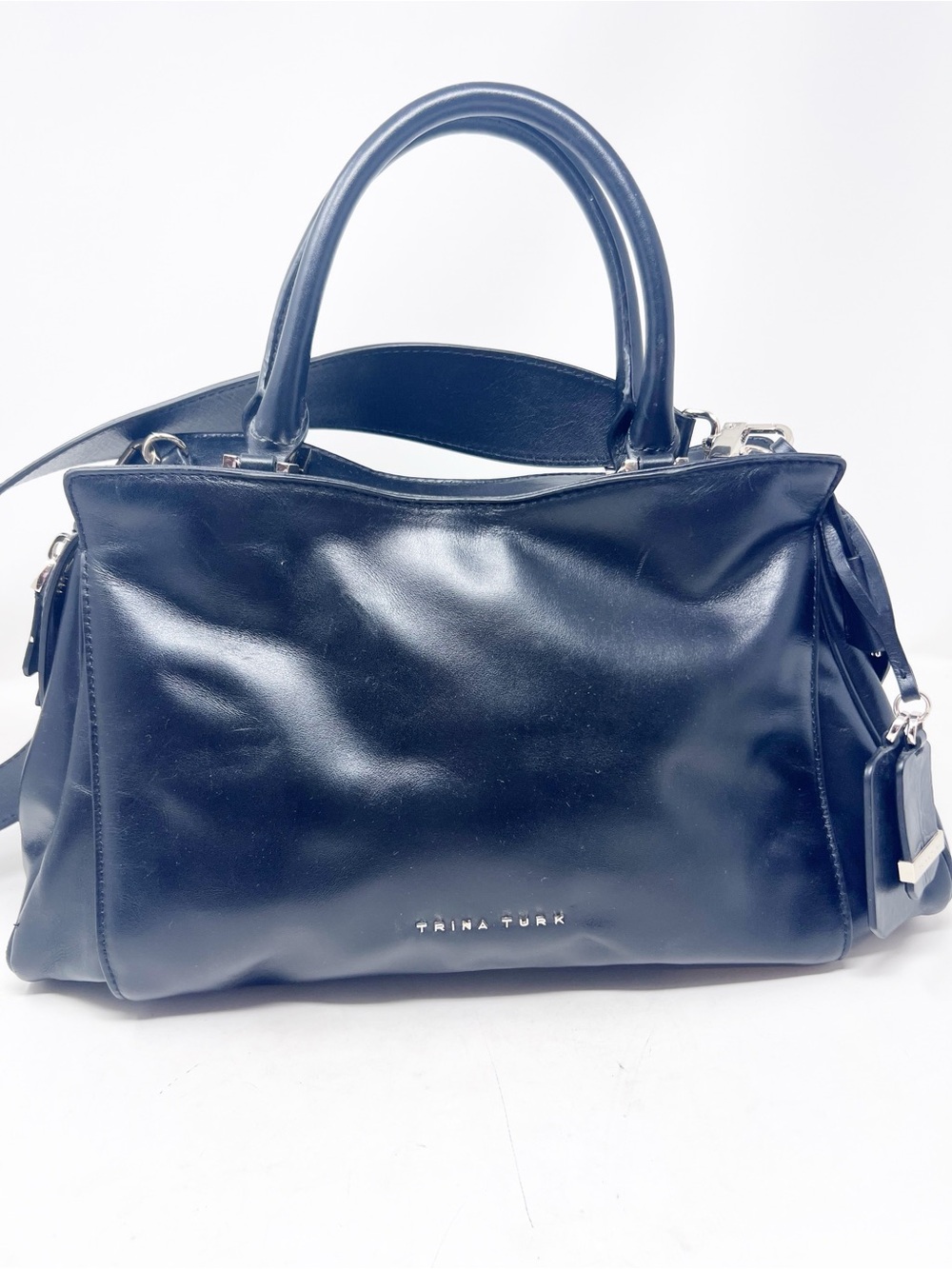 TRUNA TURK BLACK LEATHER 2 HANDLE PURSE WITH CROSSBODY SHOULDER STRAP